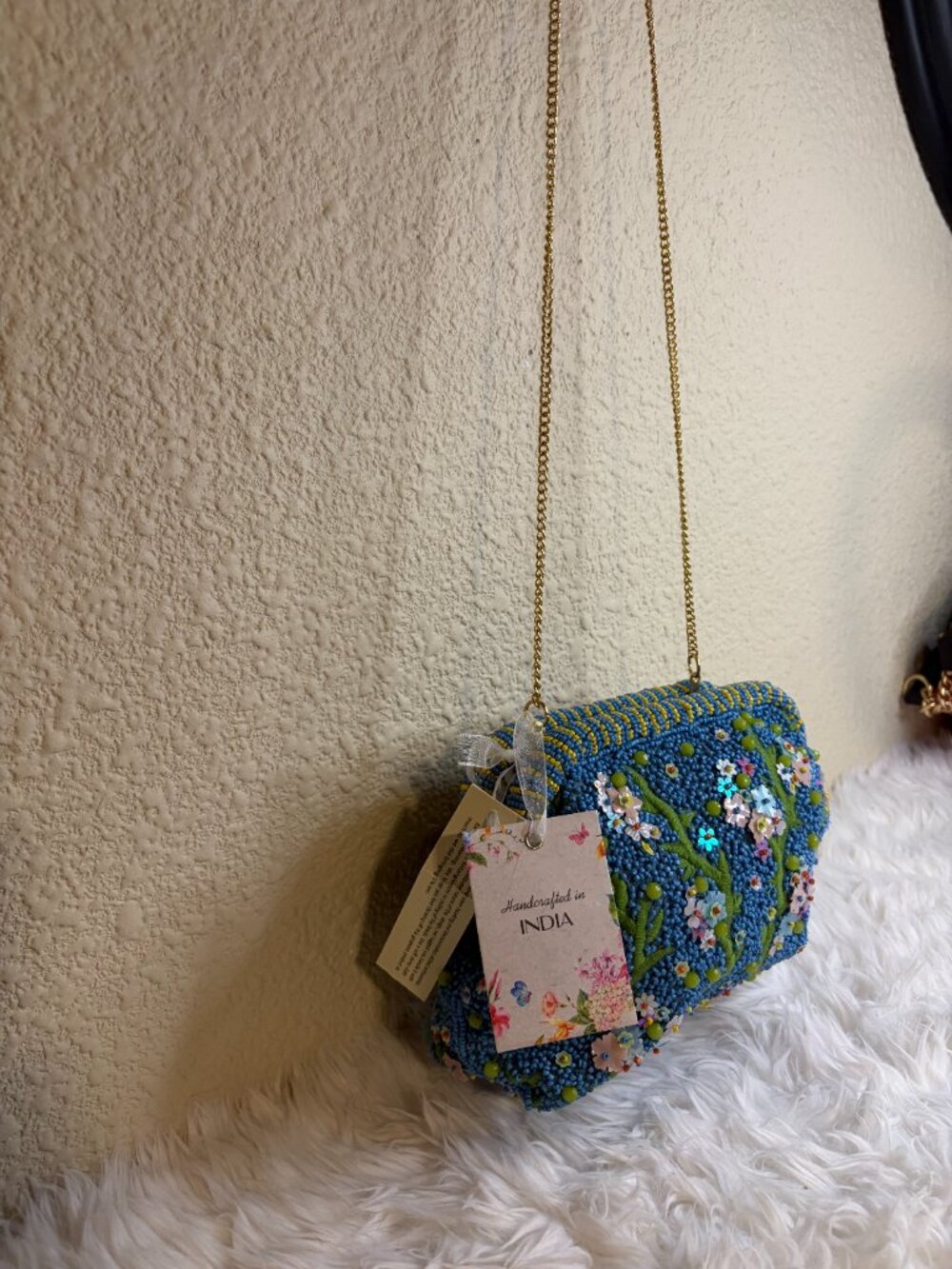 Made in India Blue Floral Beaded Crossbody Bag Sequin Purse NWT - Picture 3 of 8